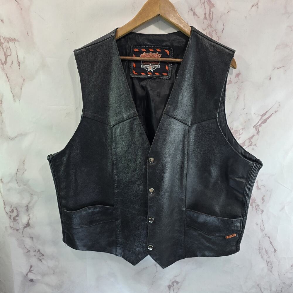 Interstate Leather Vest Mens 3XL Black Vintage Biker Motorcycle Snap